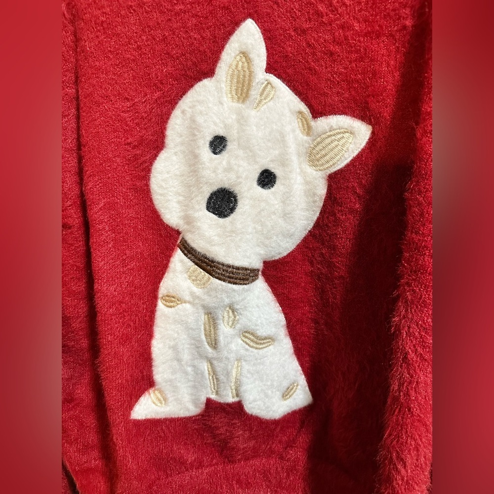 ROUND NECK FUZZY PUPPY KNIT LONG SLEEVE SWEATER OVERSIZED COMFY CUTE RED WHITE - Picture 4 of 5